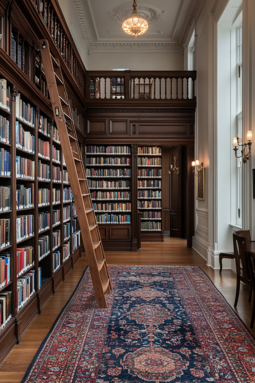 Rolling ladder attached to tall bookshelves in a home library.