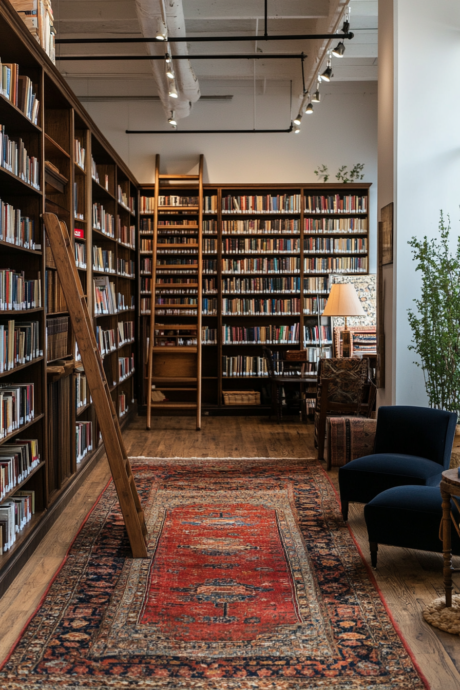 Wooden rolling ladder in a home library with tall bookshelves.