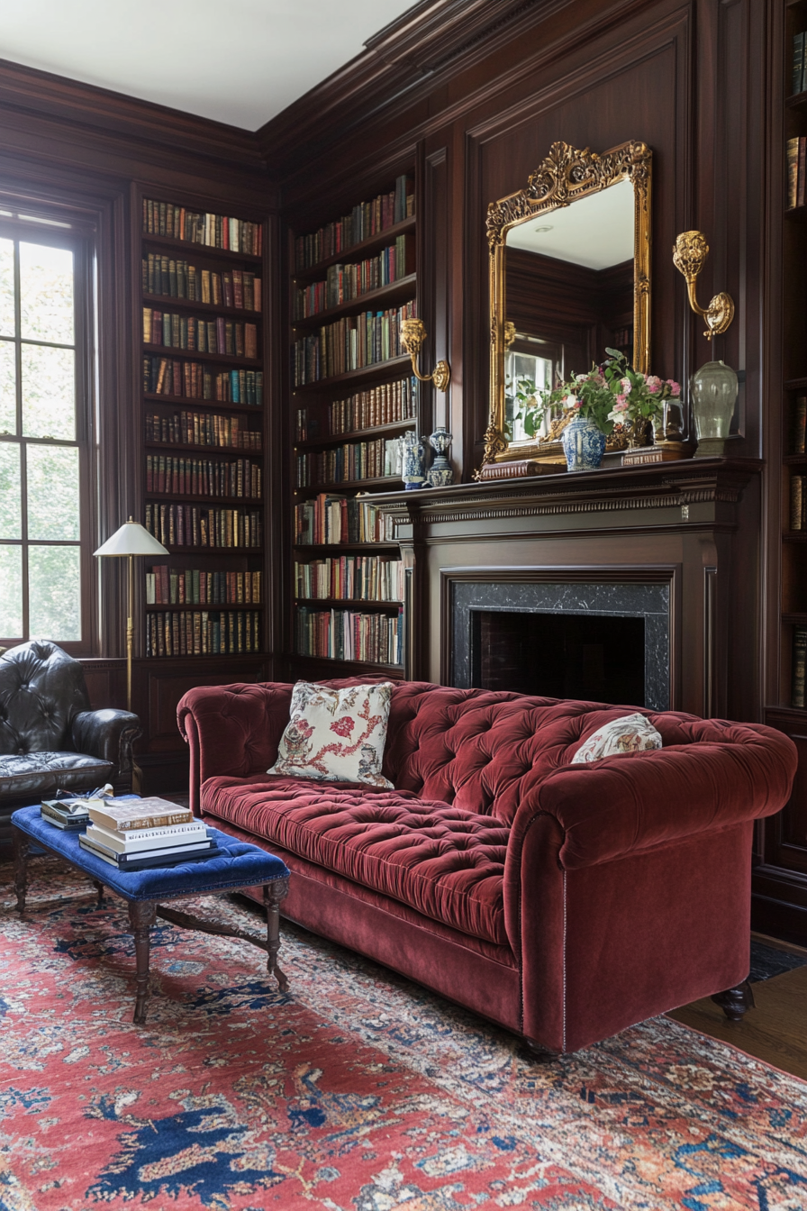 Rich textures and deep tones in a Dark Academia living room