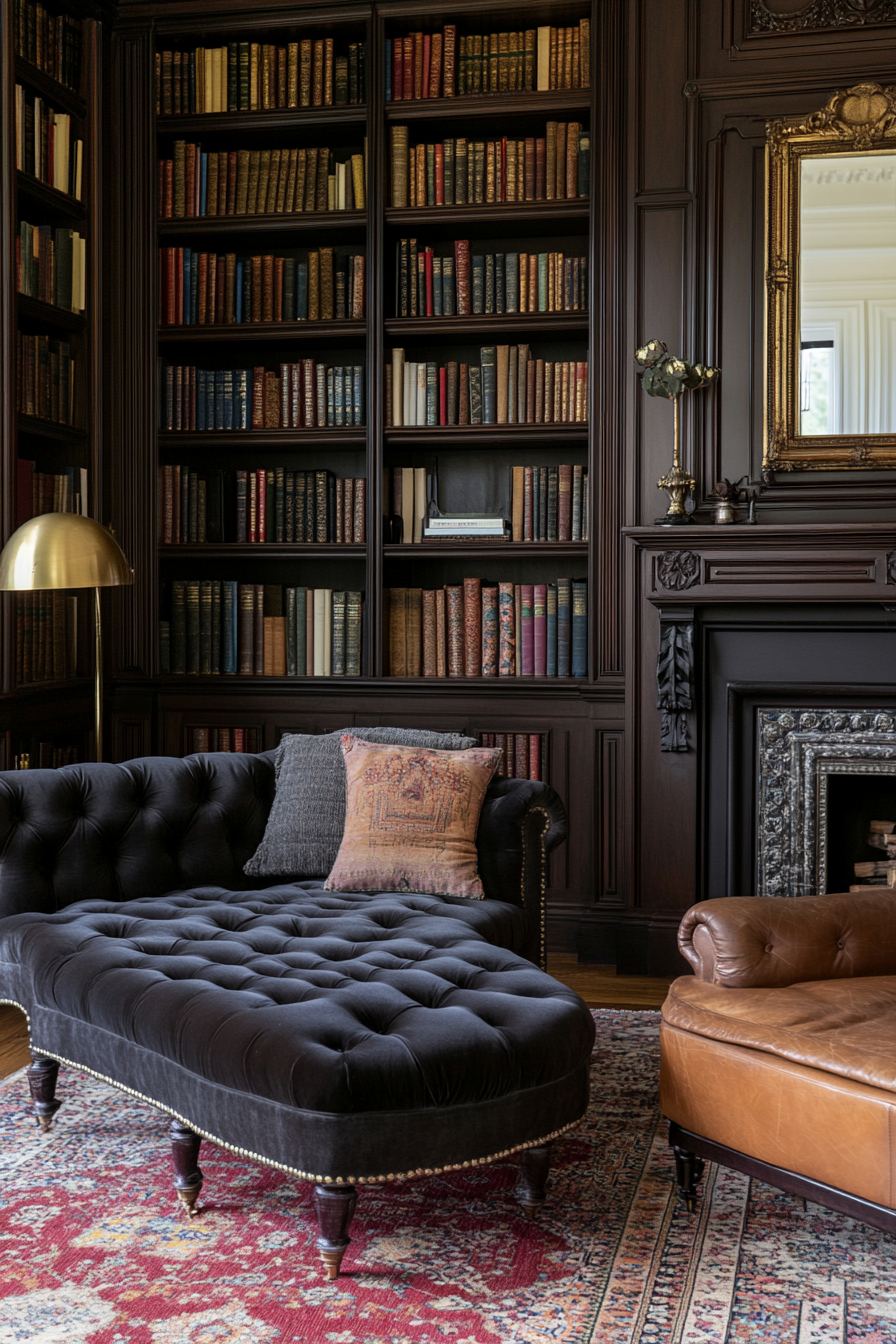 Tufted velvet sofa and dark wood floors in a moody living room