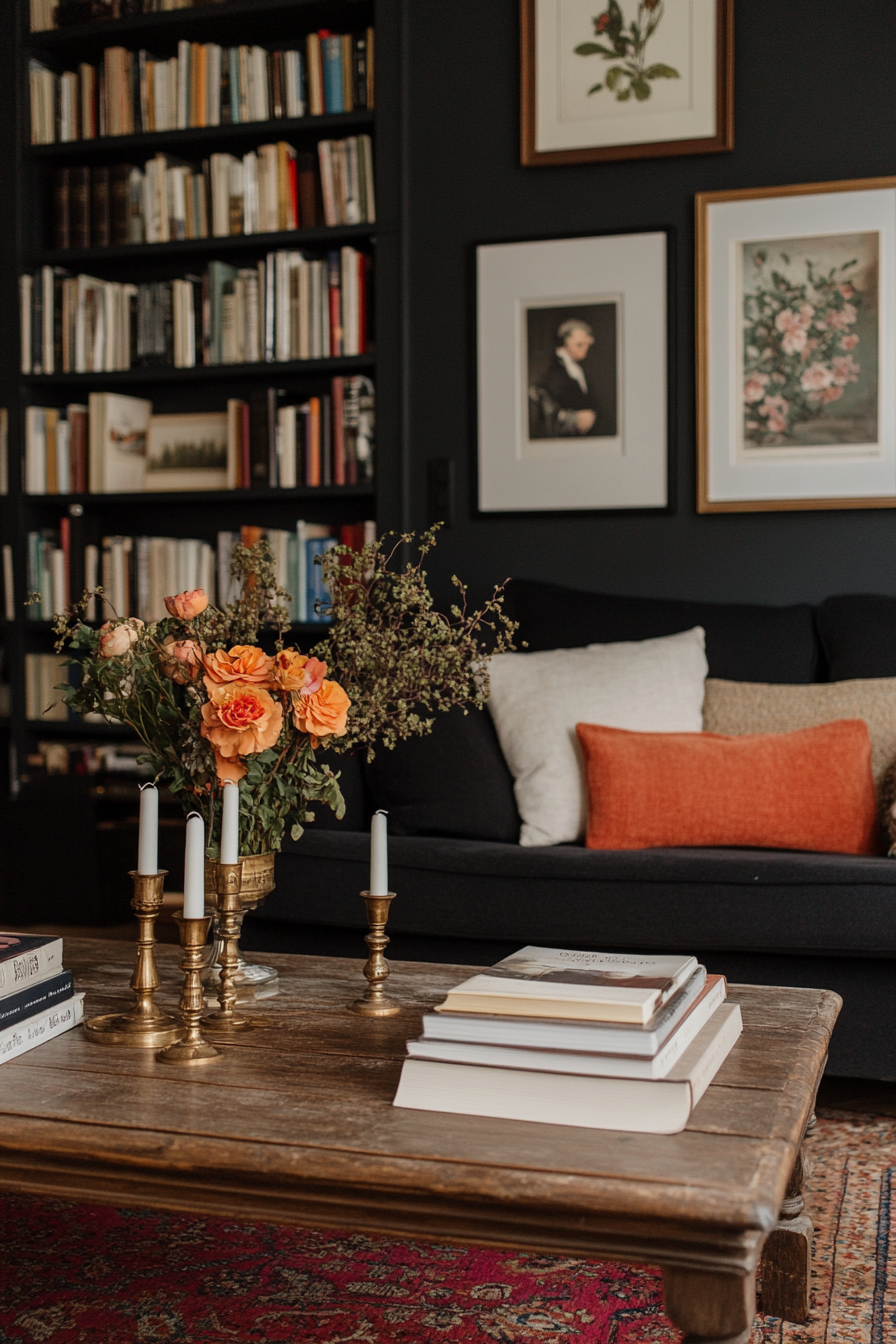 Gallery wall and dark-painted walls for budget-friendly decor