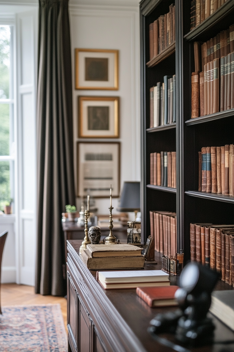 Dark wood bookshelves with leather-bound books