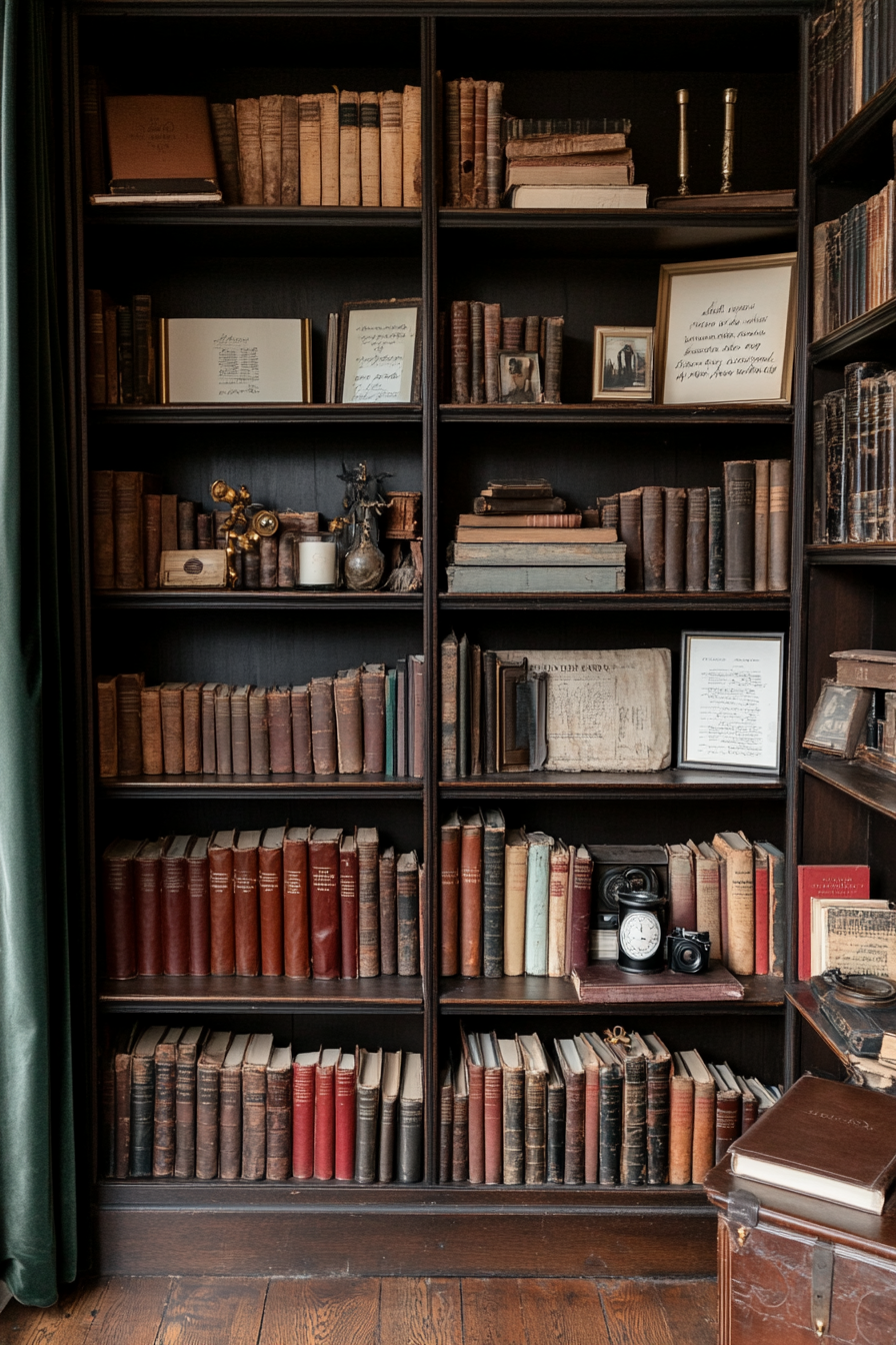 Eclectic bookshelf styling with antique decor pieces