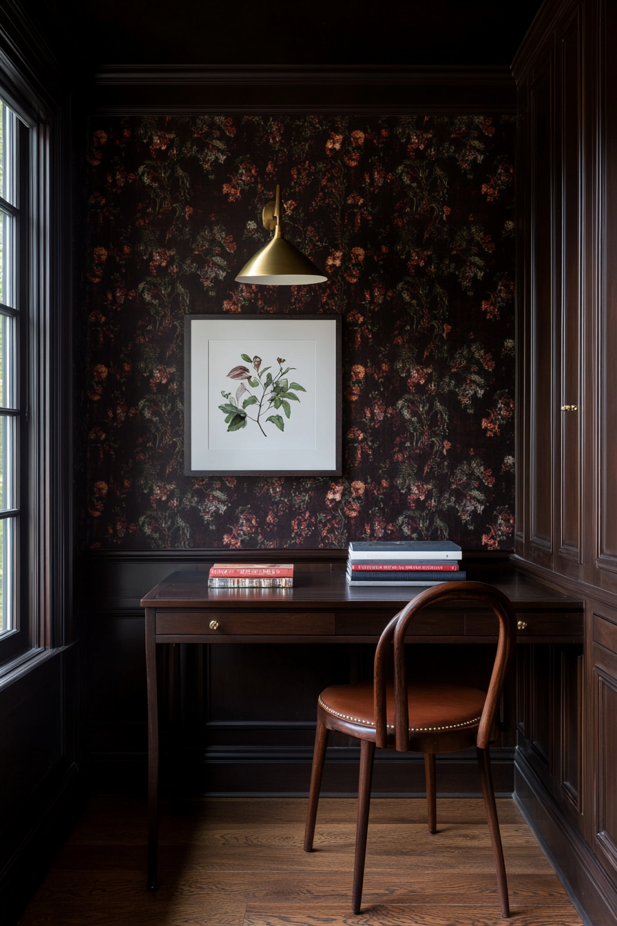 Dark floral wallpaper and Victorian accents