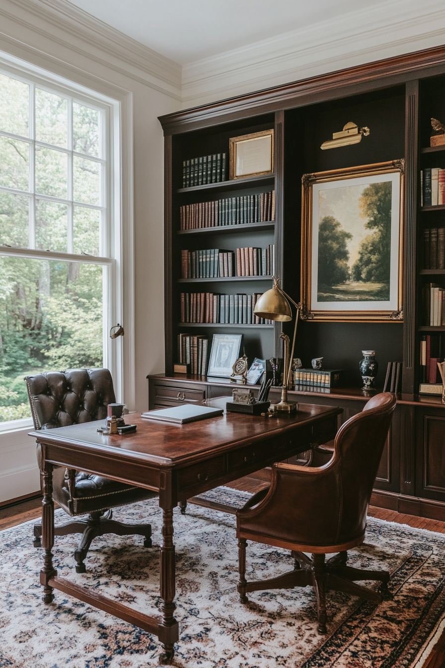 Plush velvet sofas paired with dark wood furniture