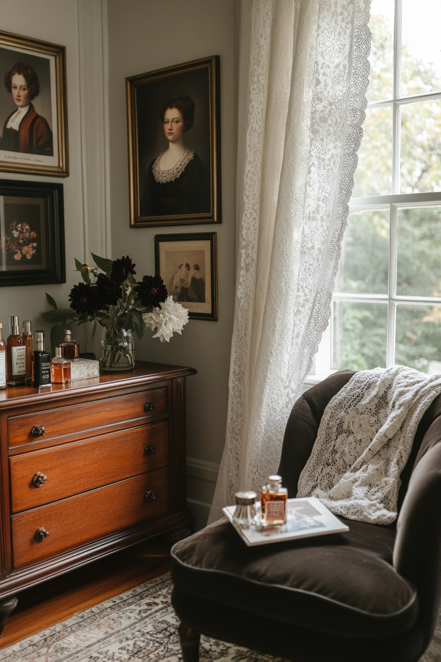 Romantic lace curtains and velvet fabrics for balance