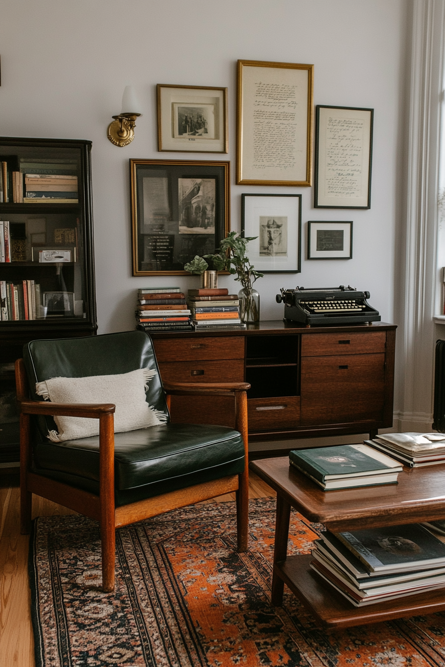 Vintage items like old typewriters and brass decor