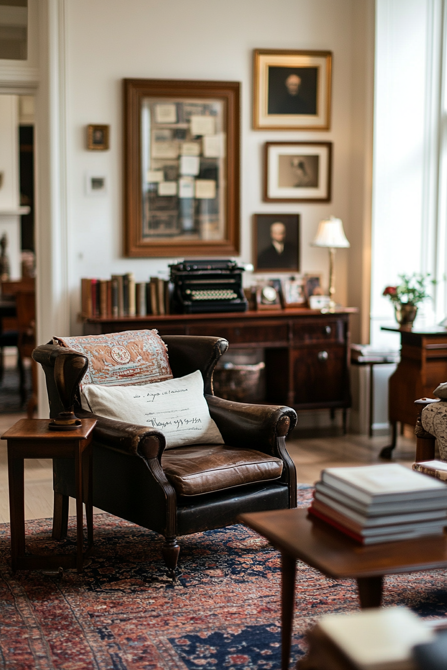 Dark wood furniture and curated vintage pieces