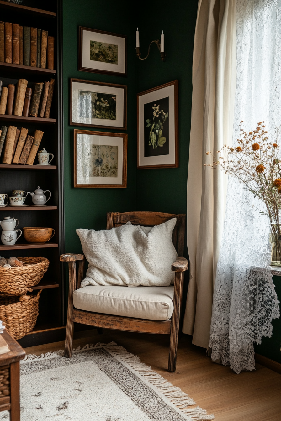 Botanical prints and vintage elements for cozy, moody decor