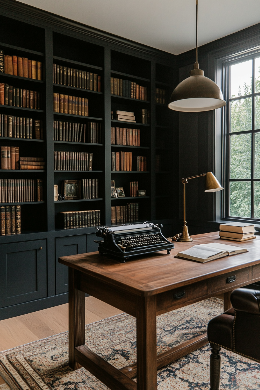 Dark wood furniture in a scholarly home office
