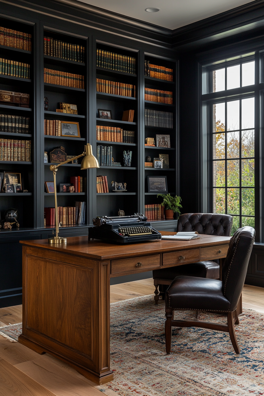 Leather chairs and dark wood for an elegant, vintage office