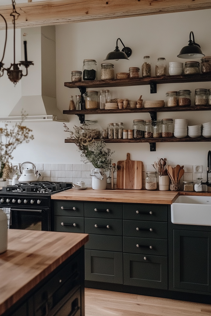 Dark wood cabinets with vintage accents in the kitchen