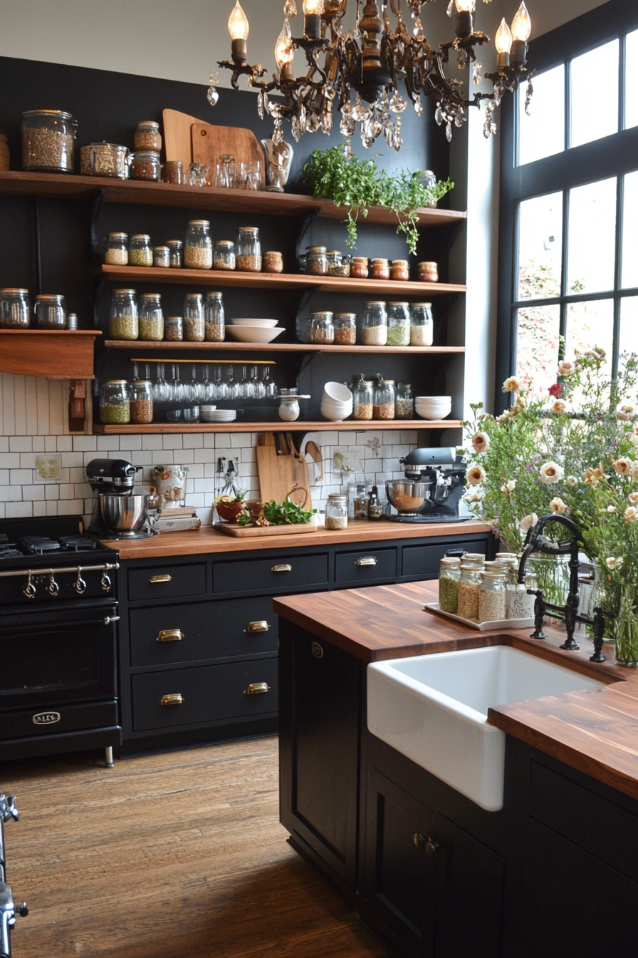 Wrought iron chandeliers and dark wood for a moody kitchen