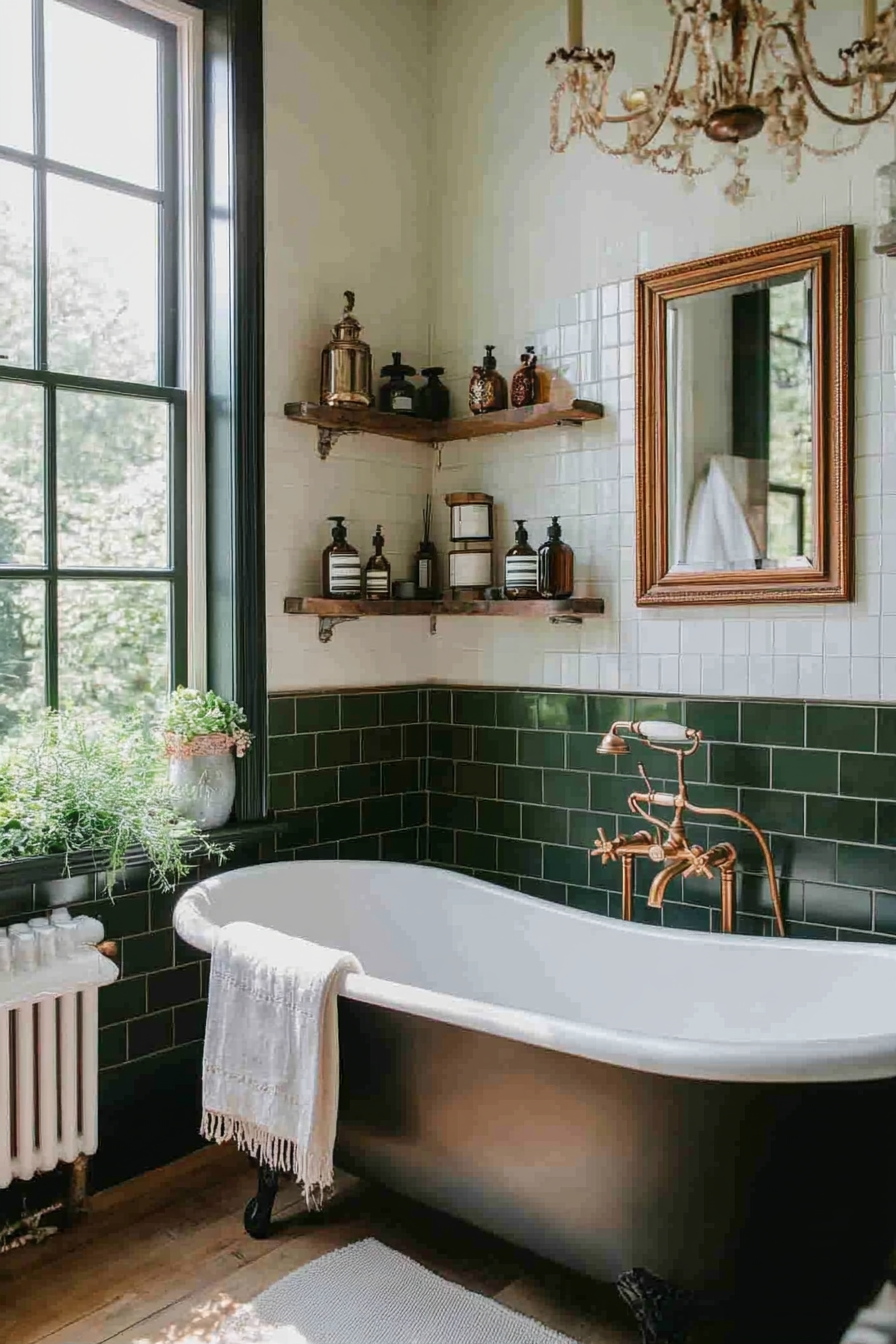 Vintage brass fixtures with moody deep green tones