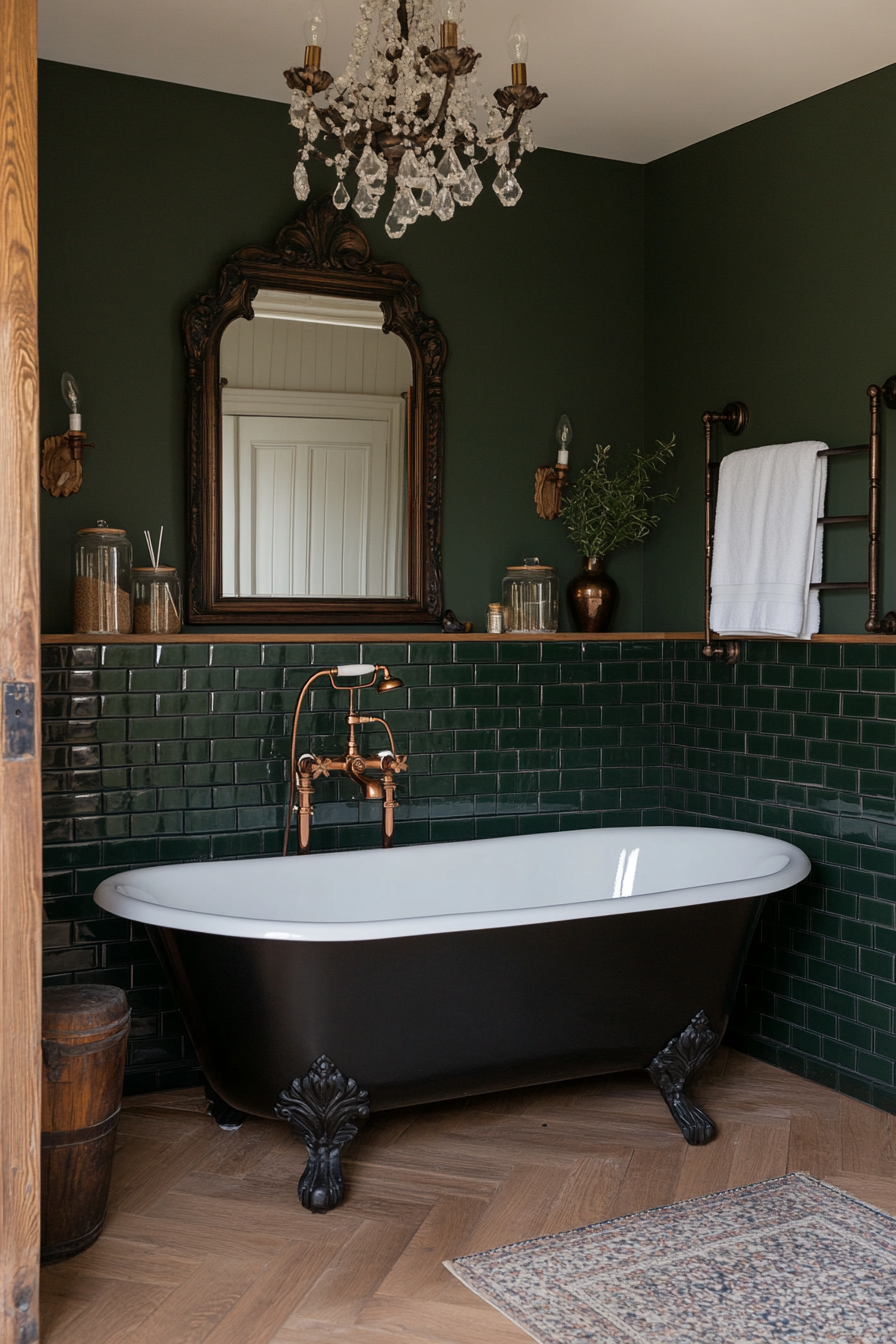 Clawfoot bathtub and ornate mirrors in a moody bathroom