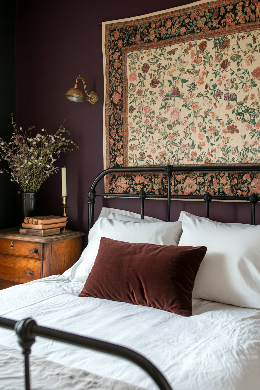 Wrought iron bed frames and deep plum walls in a moody bedroom