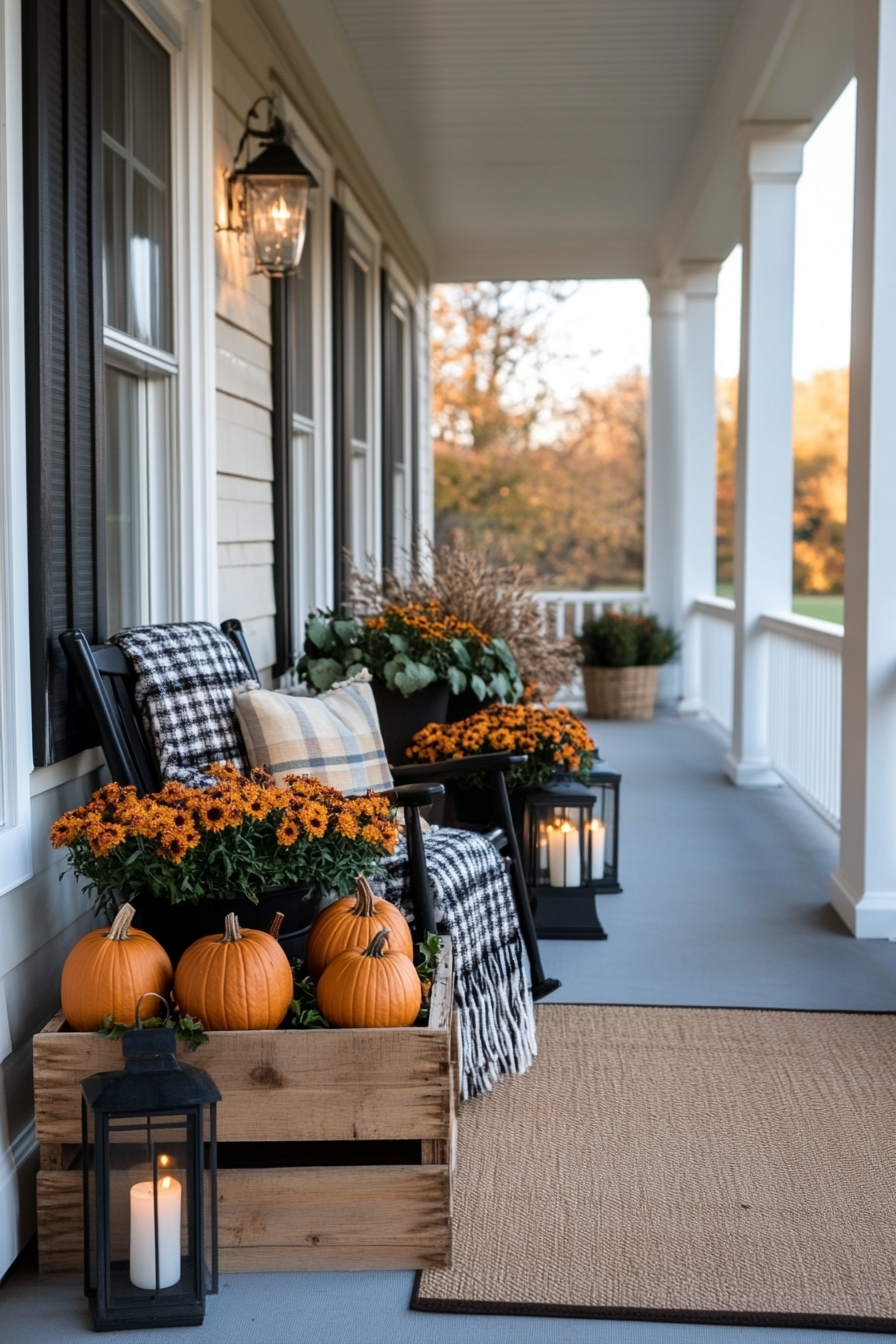 Fall porch decor with pumpkins, blankets, and lanterns