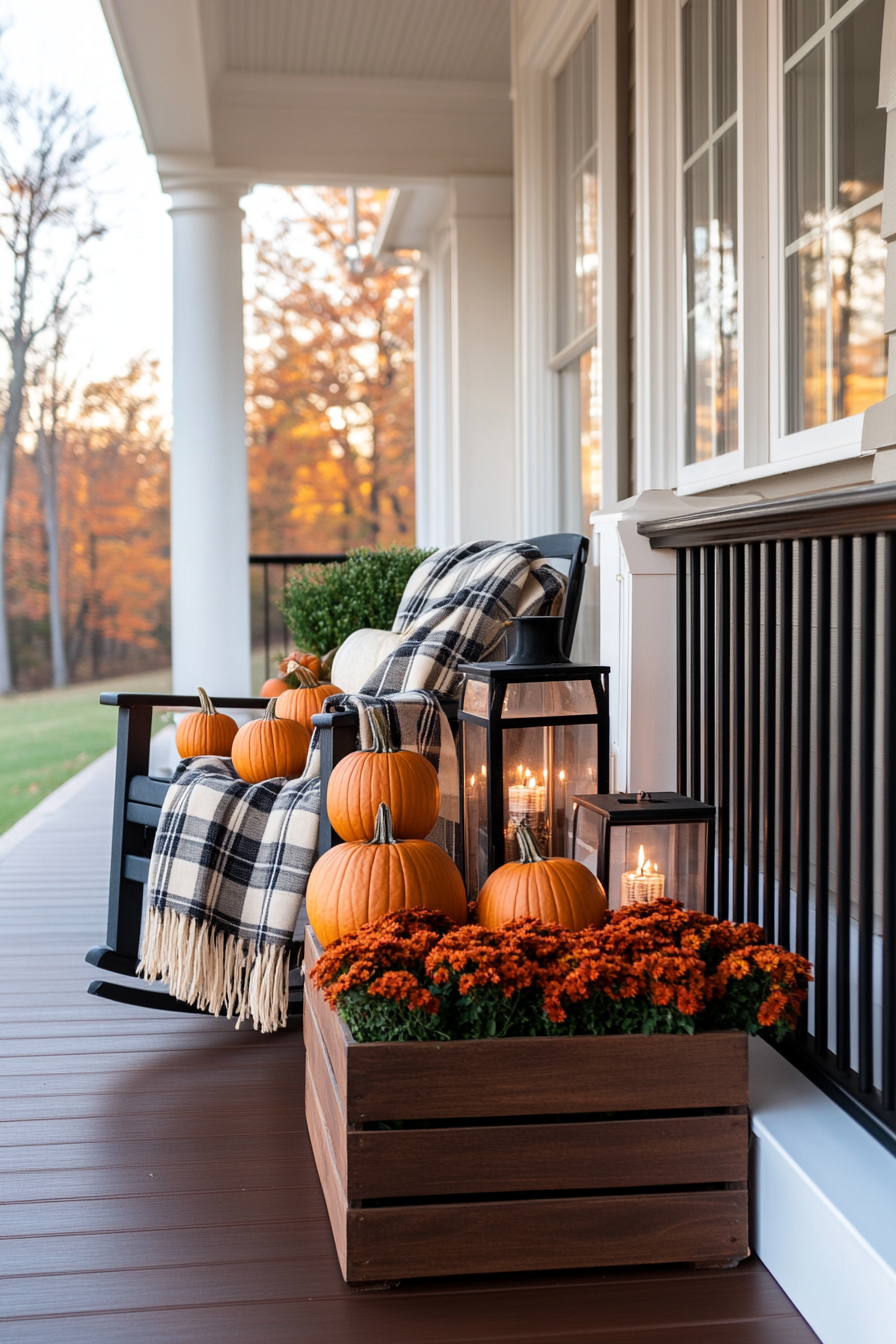 Plaid blankets and mums on a cozy fall porch