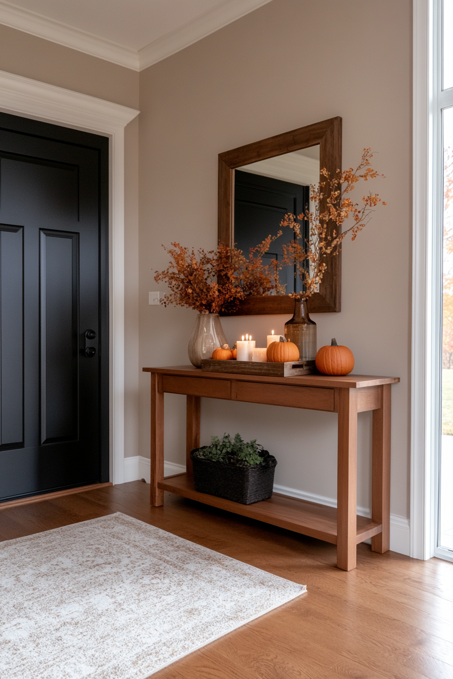 Fall-themed entryway decor with console table and pumpkins