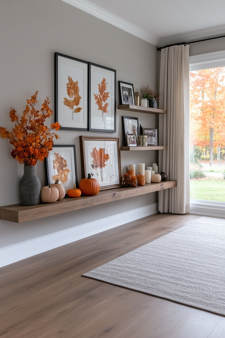Rustic shelf and framed autumn-themed photos