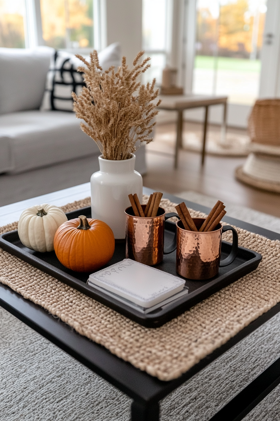 Tray decor with candles, pumpkins, and autumn leaves