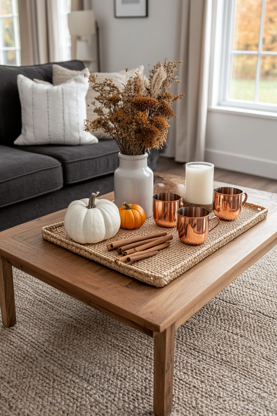 Fall tray with dried flowers, pumpkins, and candles
