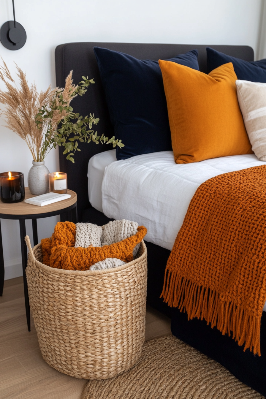 Cozy fall bedroom decor with flannel bedding and knitted throws