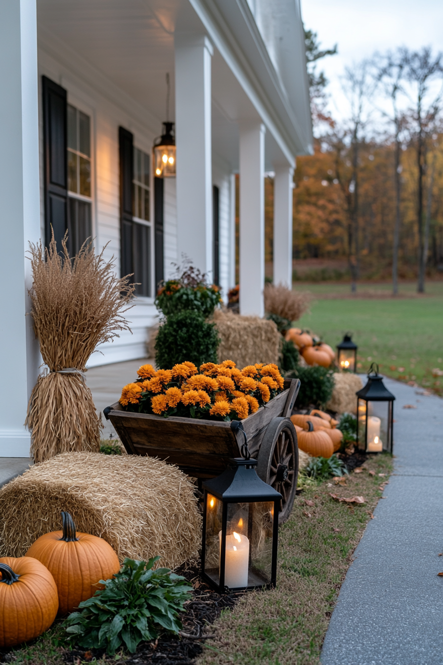Pumpkins, mums, and lanterns on fall porch steps