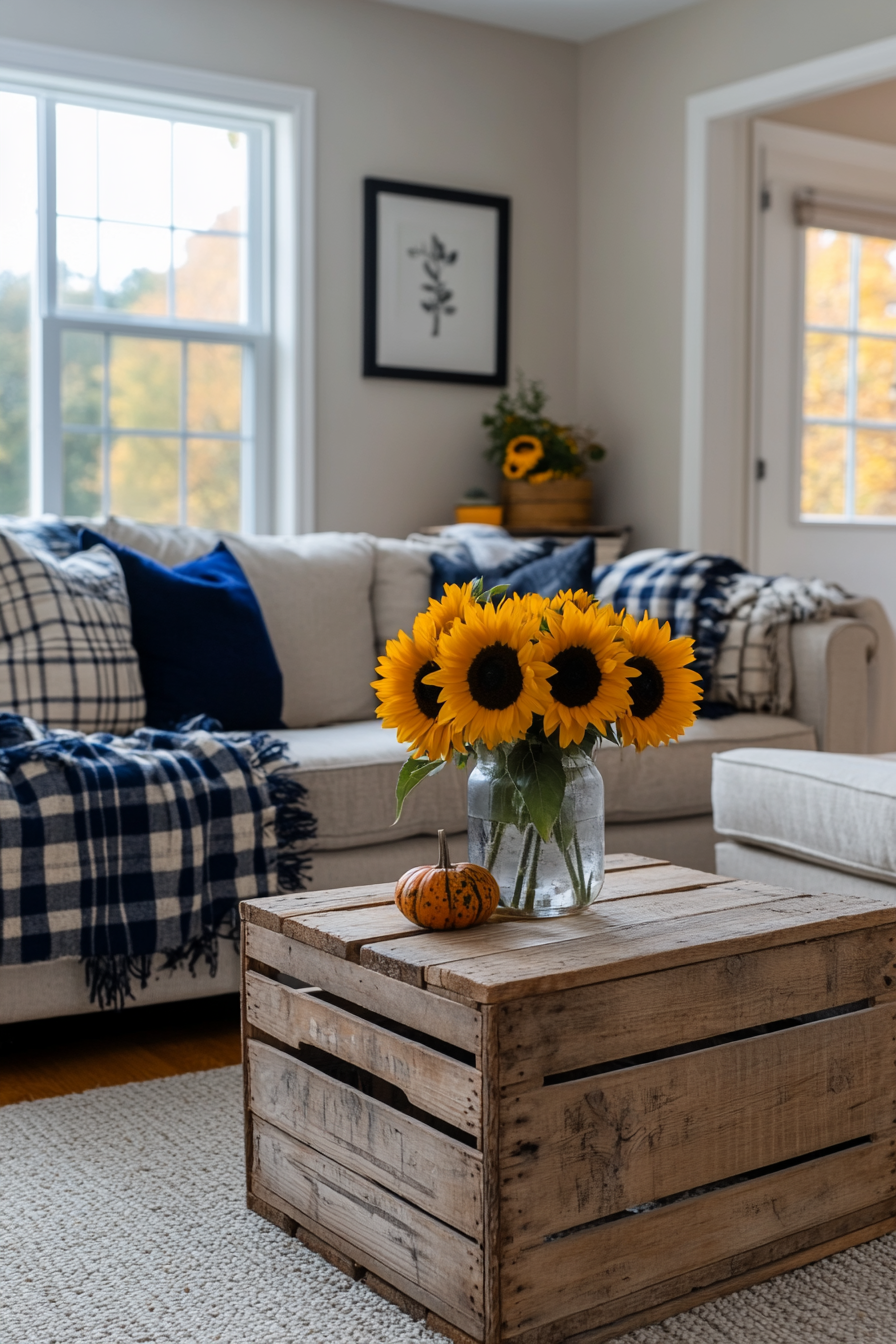 Rustic farmhouse fall decor with plaid throws and sunflowers