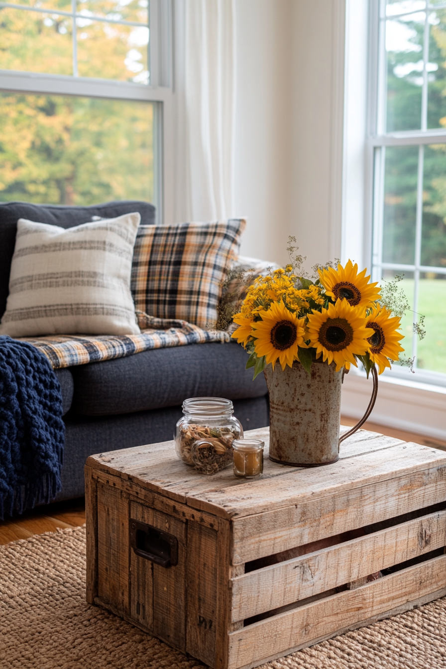 Farmhouse fall kitchen with wooden trays and pumpkins