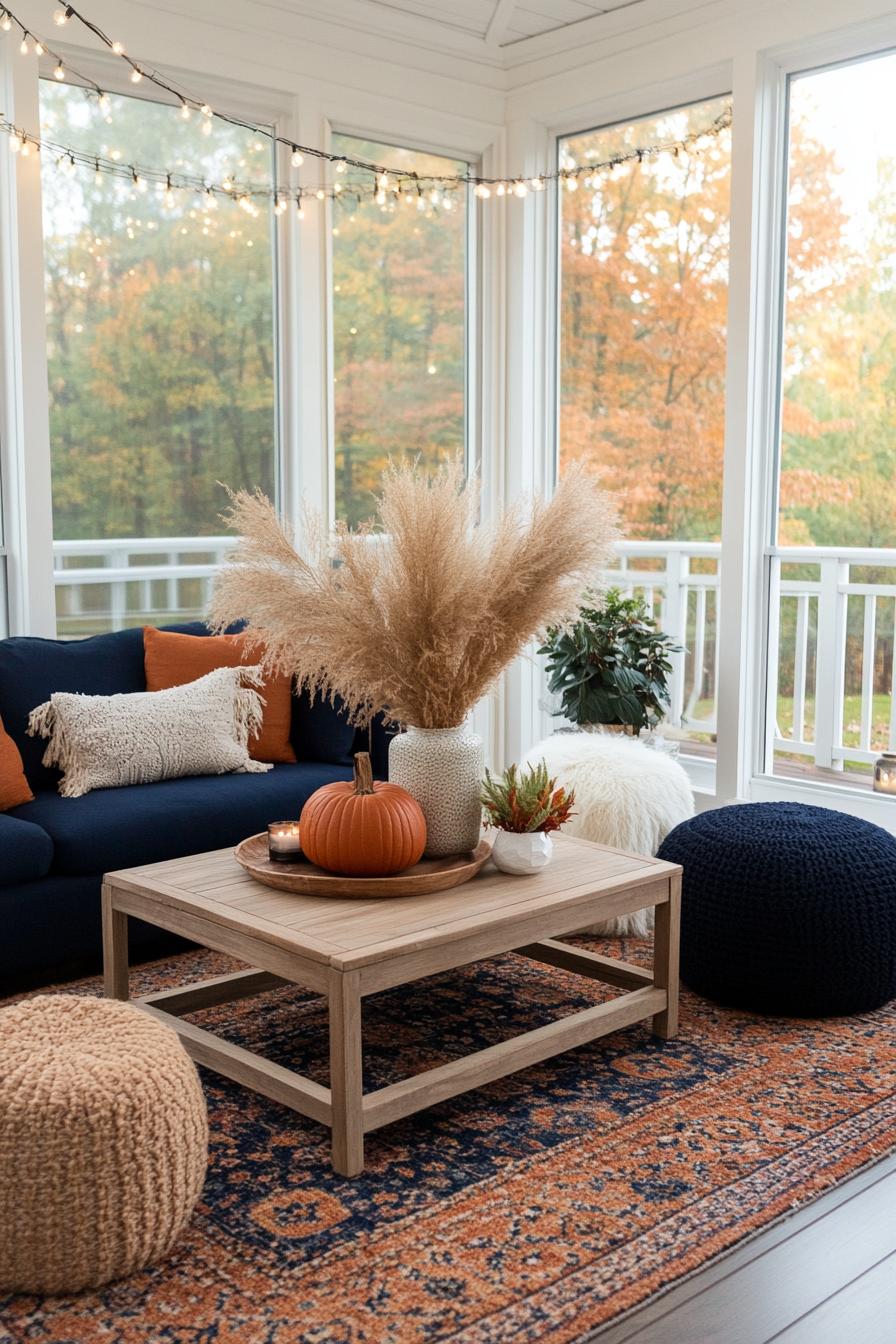 Boho fall decor with layered rugs and pampas grass