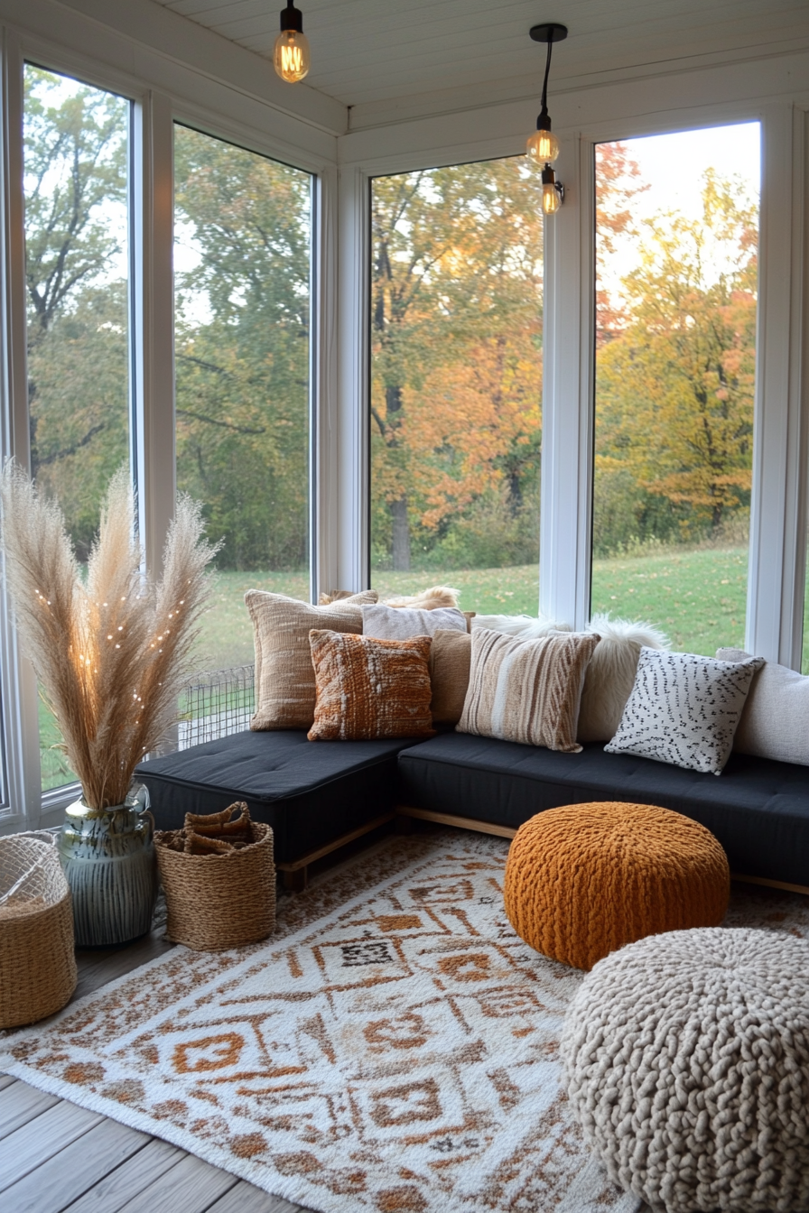 Fall boho decor with cozy textiles and string lights