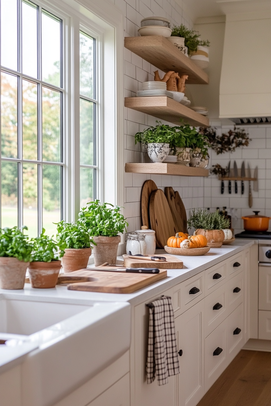 Fall kitchen decor with pumpkins, herbs, and wooden elements