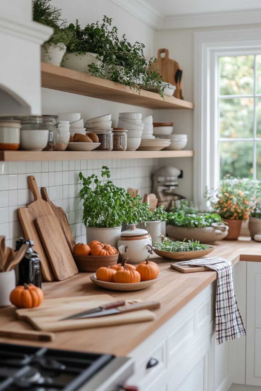 Fall-scented candles and garlands in a cozy fall kitchen