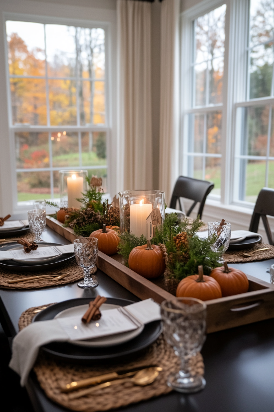 Elegant fall table decorations with pumpkins and candles