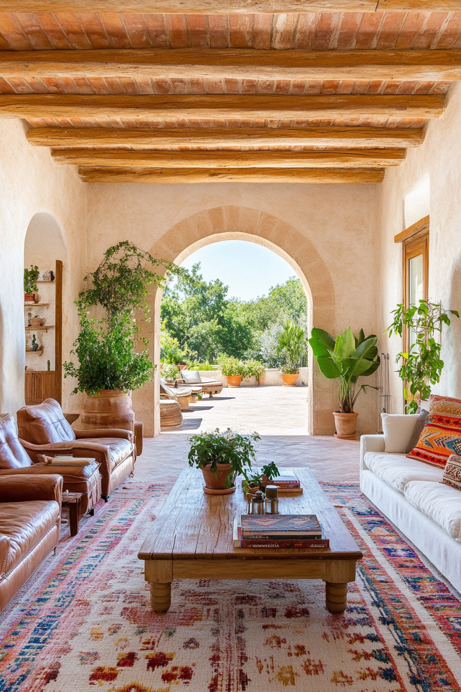 Traditional hacienda-inspired decor with adobe walls and rustic wood details.