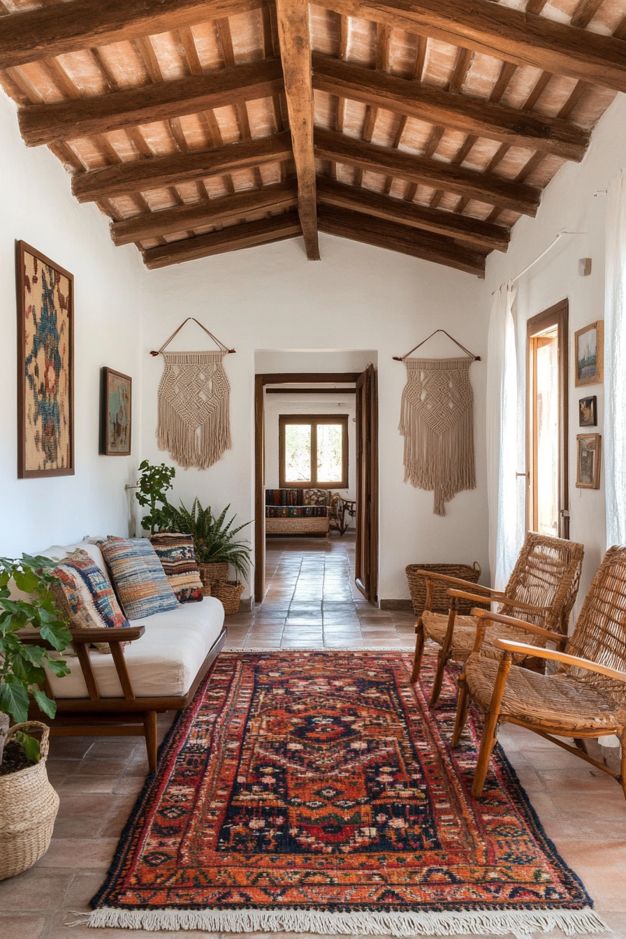 Bohemian Mexican living room with eclectic textiles and vintage decor.