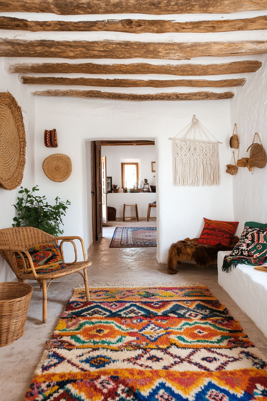 Handmade textiles and pottery in a bohemian Mexican farmhouse.