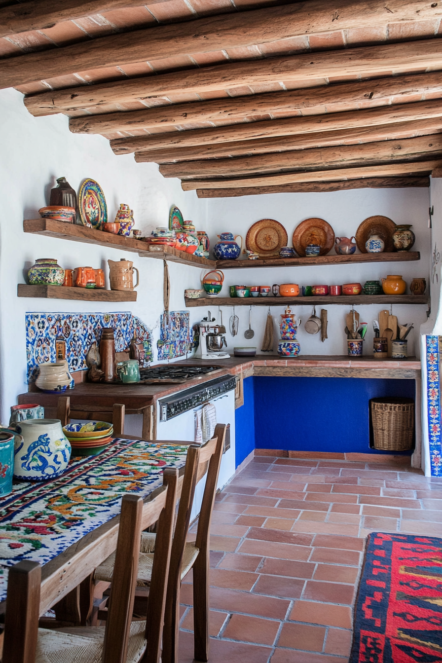 Colorful Mexican textiles and Talavera tiles in a vibrant setting.
