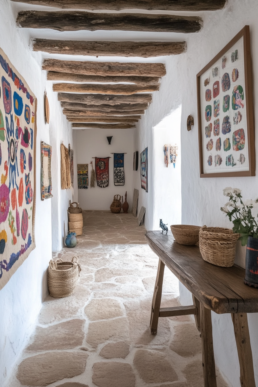 Handcrafted Mexican wall art with folk motifs in a farmhouse hallway.