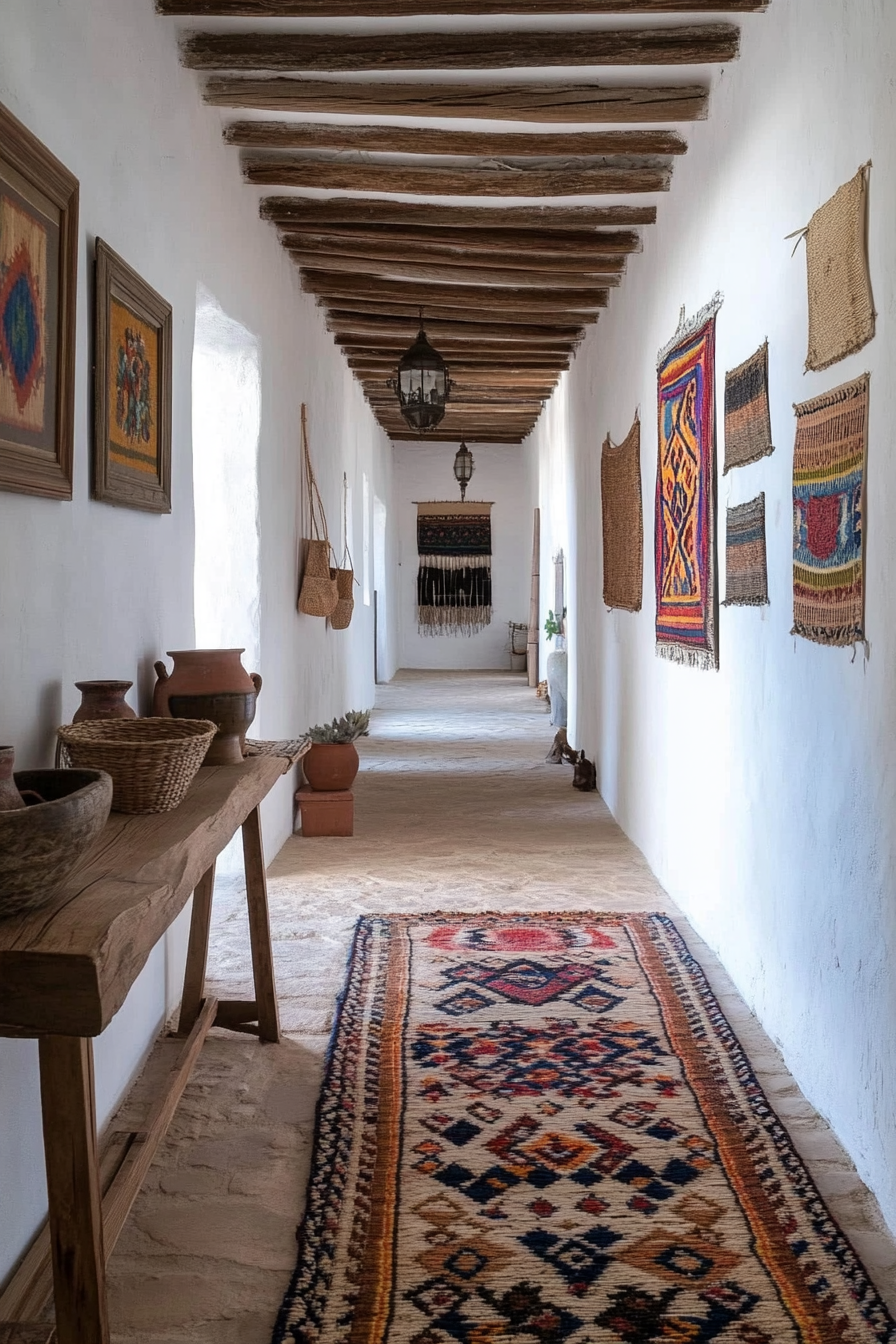 Woven wall hangings and framed folk art in a farmhouse hallway.