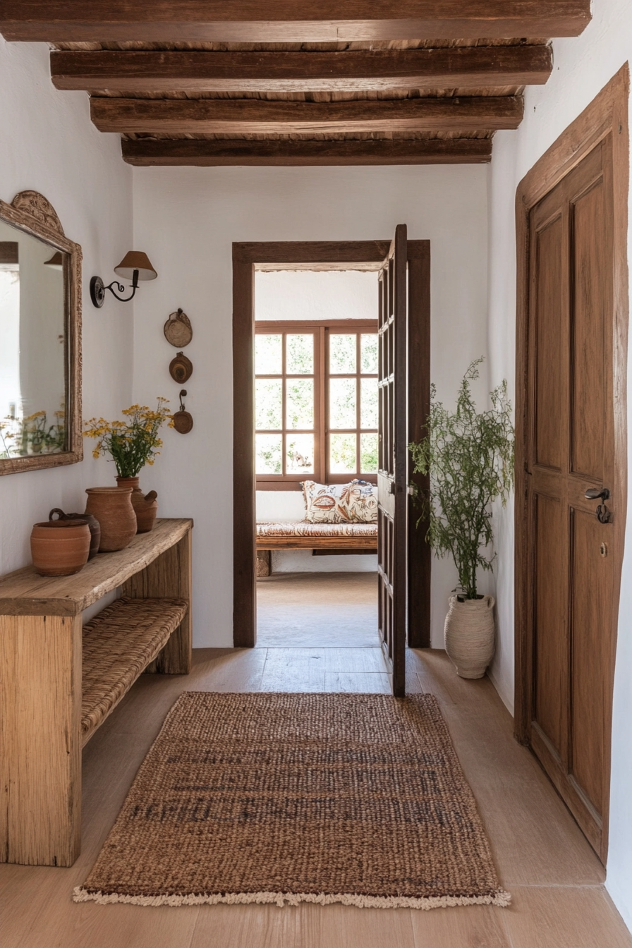 Rustic wooden door and woven rug in a welcoming Mexican hallway.
