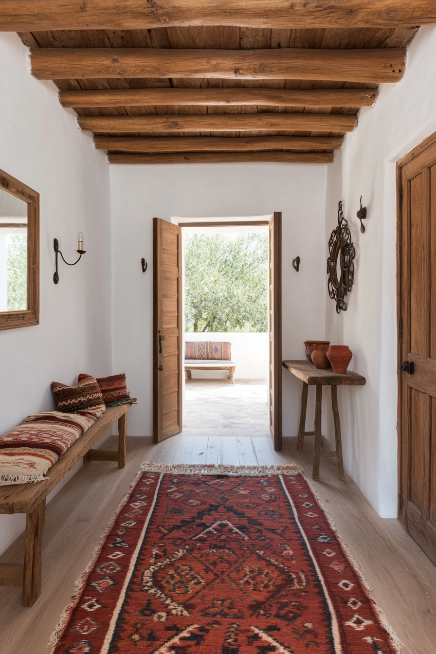 Talavera tiles and artisanal pottery in a welcoming hallway.