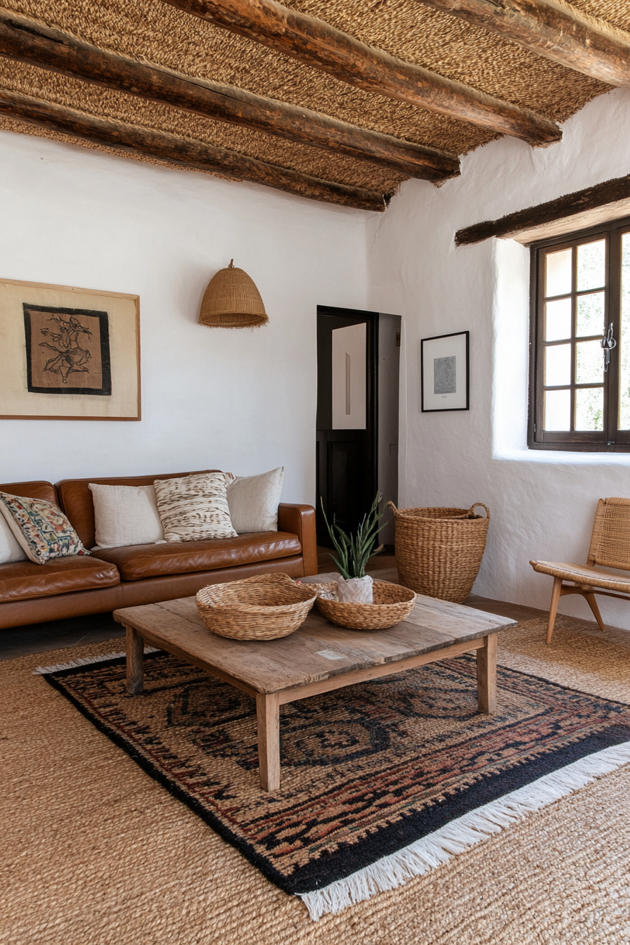 Layered Mexican rugs in a rustic farmhouse living room.