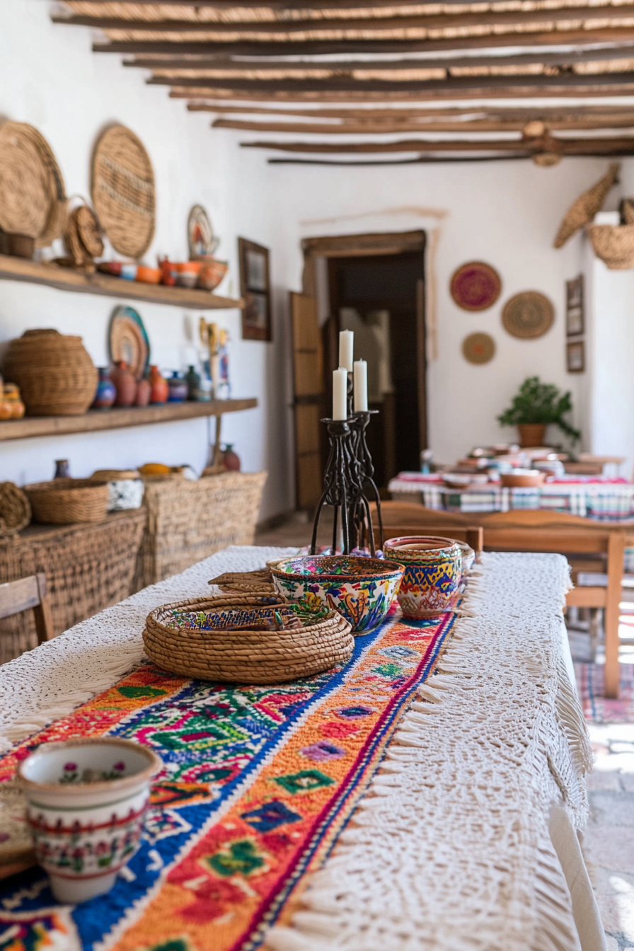 Woven baskets, pottery, and embroidered cushions in a farmhouse.
