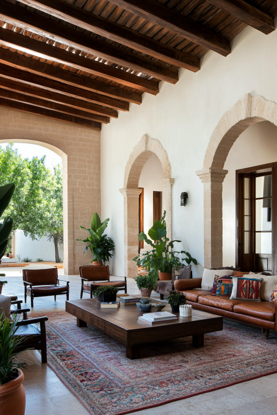 Natural elements in Mexican hacienda style with terracotta and potted plants.