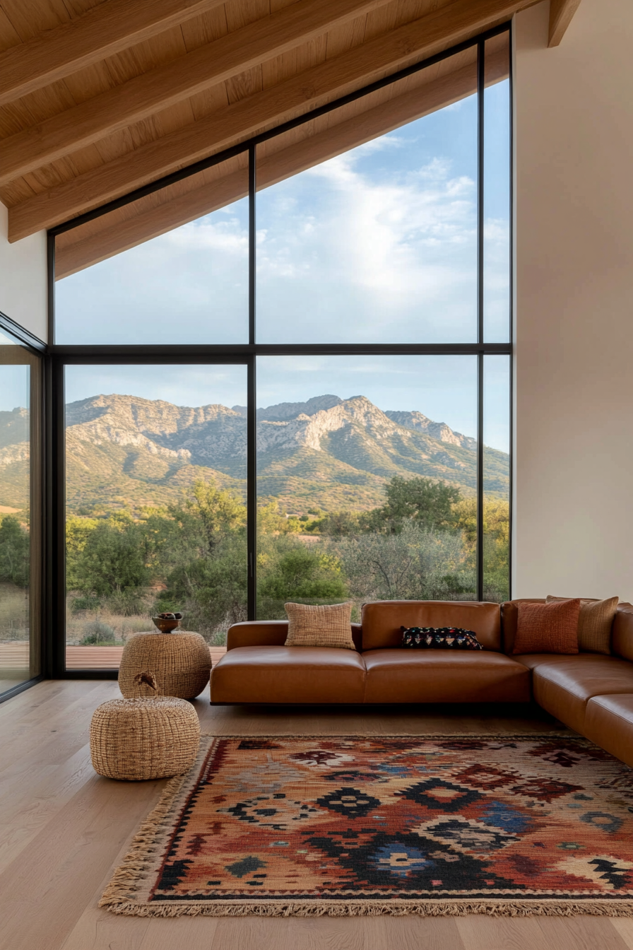 Modern Mexican farmhouse living room with clean lines and neutral tones.