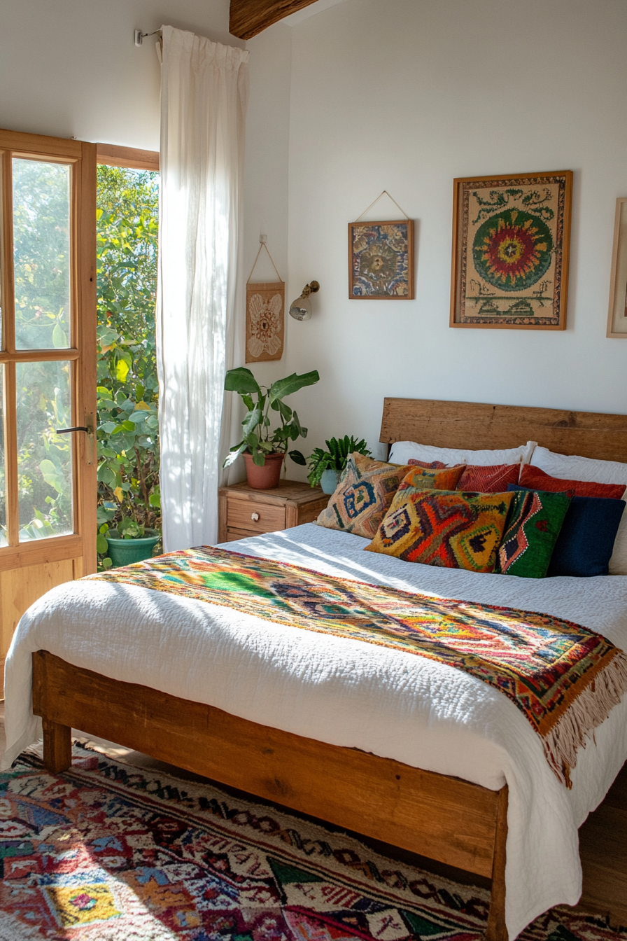 Rustic wooden bed frame with vibrant Mexican textiles in a cozy bedroom.