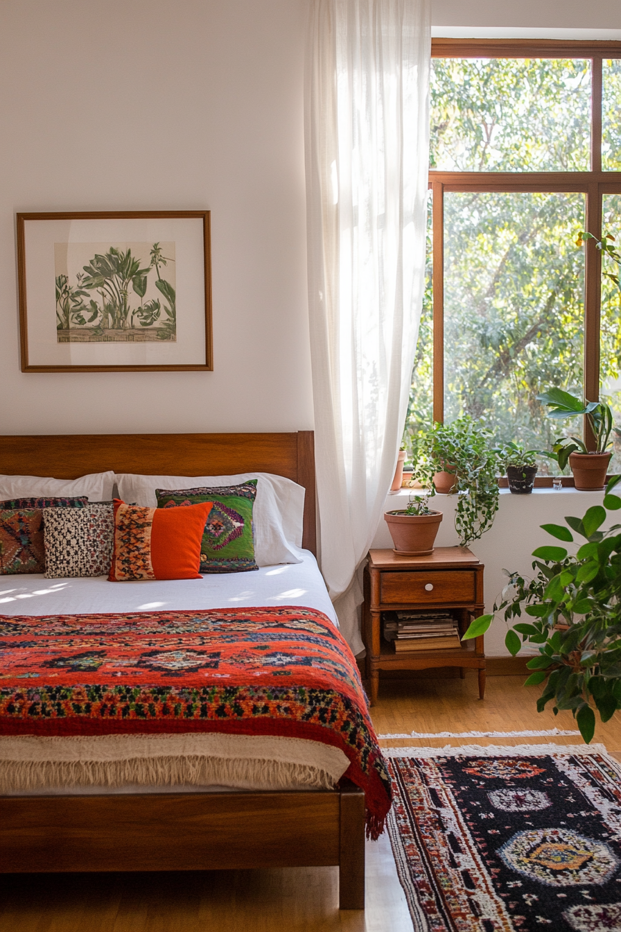 Mexican textiles with warm lighting and plants in a cozy bedroom.