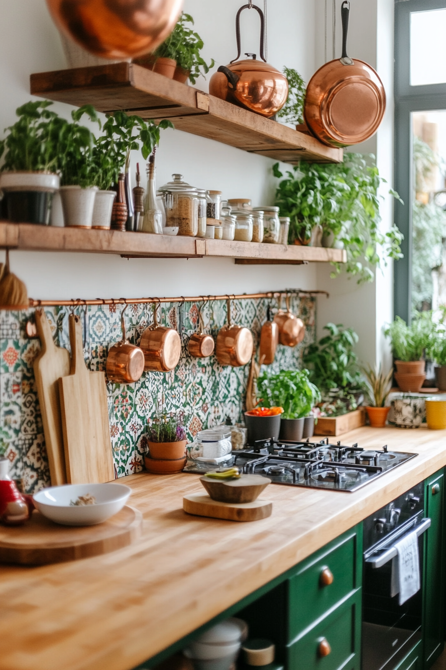 Mexican farmhouse kitchen with terracotta tiles and wooden cabinetry.